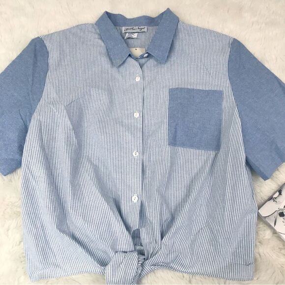 VINTAGE‎ Deadstock 80s 90s Cropped Button Down Shirt Tie Waist Boxy Size XL New - Picture 3 of 12